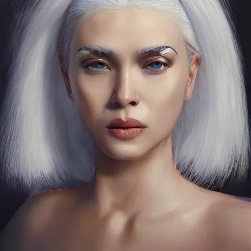 Prompt: a painting of a woman with white hair, white and gold clothes, a character portrait by pogus caesar, featured on cgsociety, photorealism, detailed painting, artstation hd, ultra detailed