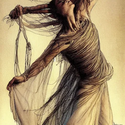 Image similar to a mummy dances, graphic novel style by alan lee and john howe