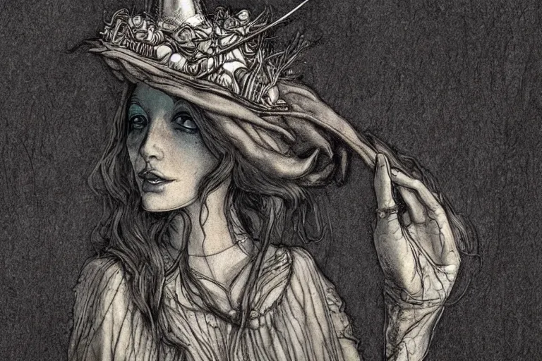 Prompt: princess wearing wizard hat, in the style of Greg Broadmore and Arthur Rackham,trending on artstation, light lighting side view,digital art,surrealism ,macro,blueprint ,vaporwave ,