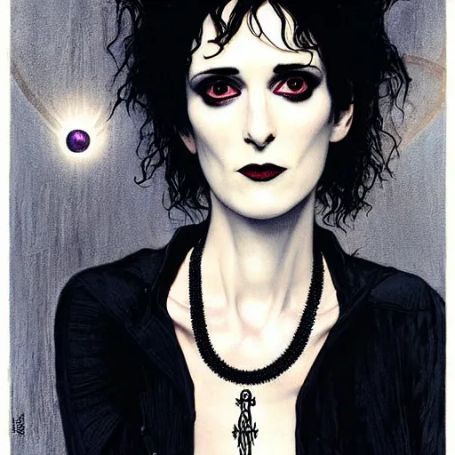 Image similar to death, a beautiful pale goth girl wearing a black vest and black punk hair, an ankh medallion hangs around her neck. the actress winona ryder, portrait by joshua middleton and gustav klimt, vertigo comic