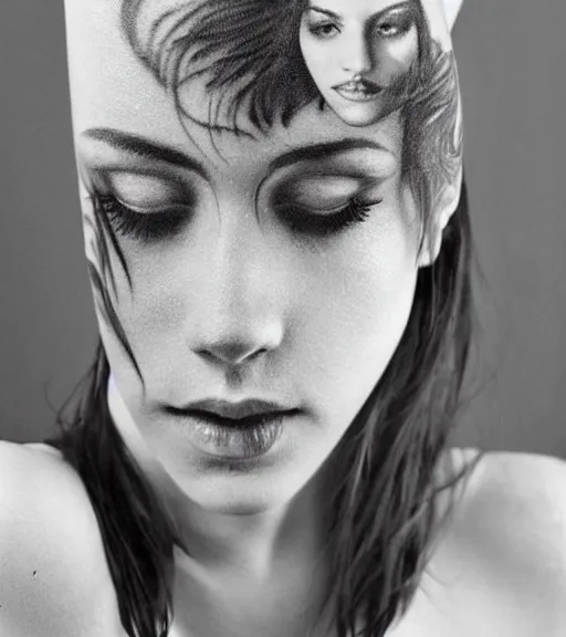 Image similar to a beautiful girl portrait, faded mountain background, realism tattoo, in the style of den yakovlev, black and white, hyper realistic, highly detailed