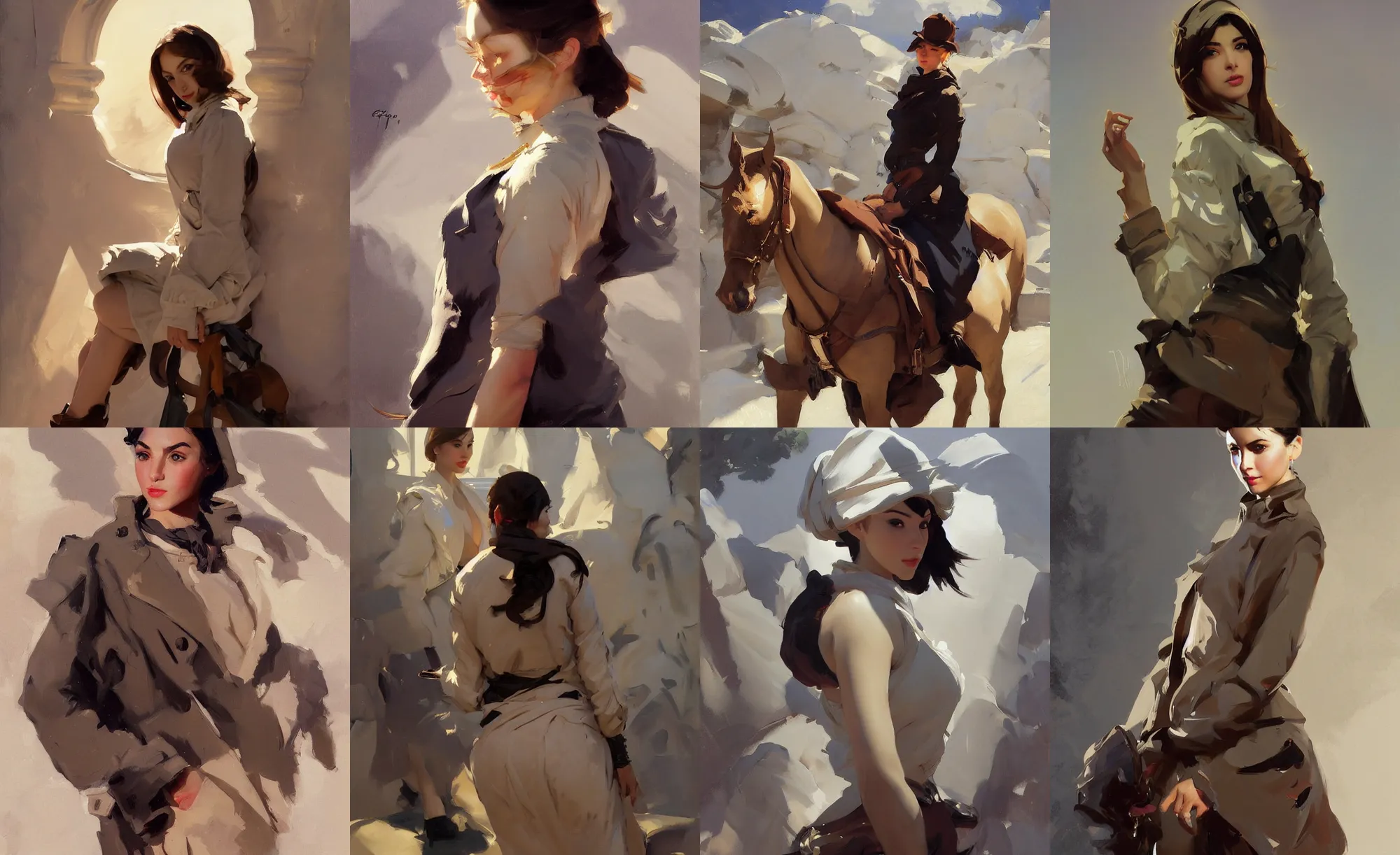 Image similar to portrait of russian iranian asian model girl jodhpurs winter traveler greg manchess painting by sargent and leyendecker, studio ghibli, fantasy, medium shot, asymmetrical, intricate, elegant, matte painting, illustration, hearthstone, by greg rutkowski, by greg tocchini, by james gilleard, by joe fenton