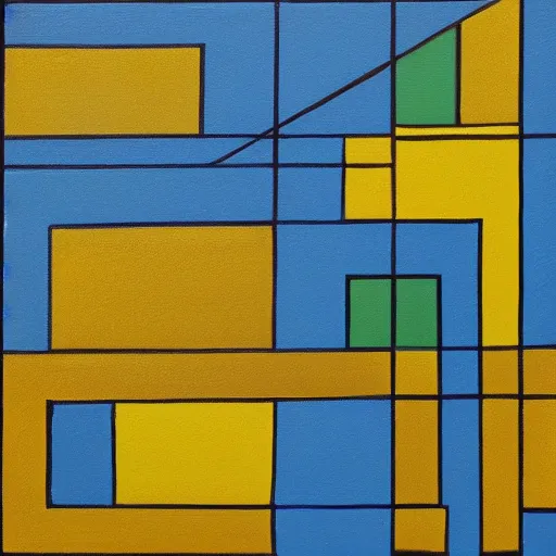 Image similar to painting, rectangle and triangle shapes, in blue, in yellow, in green, divided by black lines