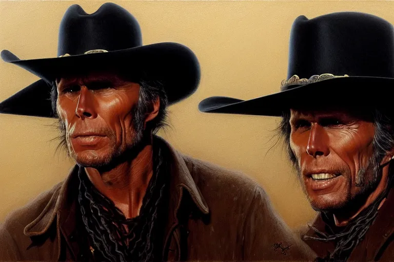 Image similar to poster portrait of peter weller as a black hat cowboy in pale rider ( 1 9 8 5 ). oil painting elegant, highly detailed, centered, digital painting, artstation, concept art, smooth, sharp focus, illustration, artgerm, tomasz alen kopera, peter mohrbacher, donato giancola, joseph christian leyendecker drew struzan