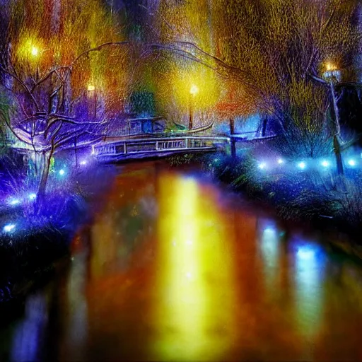 Image similar to A Mystic River, The River Is Full of Lights, Mysticism, Artwork, Watercolor, Indian Art, Cinematic, Exposure, Slit-Scan Photography, 2-Dimensional, 4k, Ultra-HD, Incandescent, Ray Tracing Reflections, insanely detailed and intricate, hypermaximalist, elegant, ornate, hyper realistic, super detailed:: watermark:: blurry:: cropped:: blur:: blurry:: out of focus:: by Dorothea Tanning, by Rene Magritte, by Victto Ngai