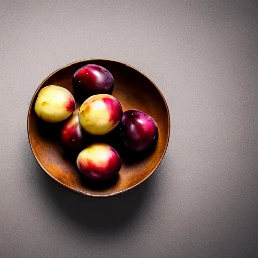 Image similar to photo of a thick porcelain bowl filled with a few moist freshly picked plums on a wooden table. volumetric lighting. 4 k. small scale. realistic.