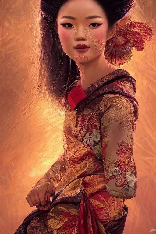 Image similar to stunningly beautiful, indonesian geisha dancer in jungle, symmetrical face, golden hour, smooth, focus, highly detailed, hyper realistic, dramatic lighting, elegant, intricate, concept art, art by wlop, mars ravelo, greg rutowski, artstation