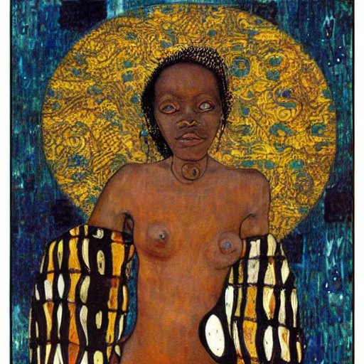 Image similar to ghost african women with tribal tatoo, klimt paint