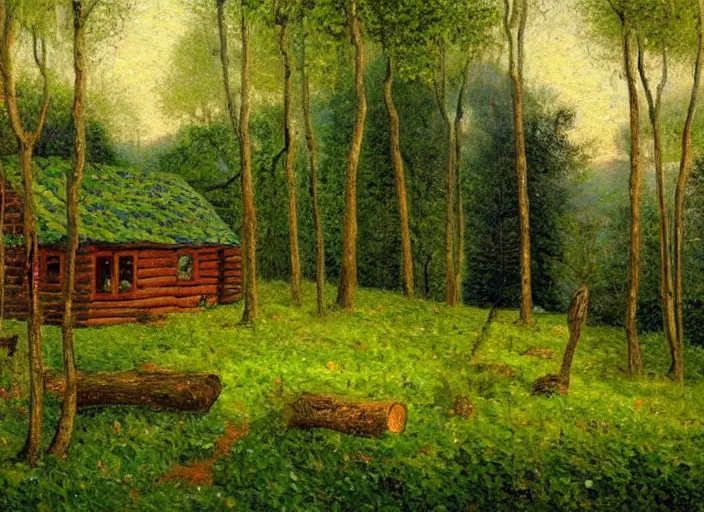 Image similar to impressionistic painting of log cabin on a hill in the woods, the cabin is overgrown with lush vines and moss, painted by johfra bosschart, featured on artstation, plein air, artstation hd, painterly