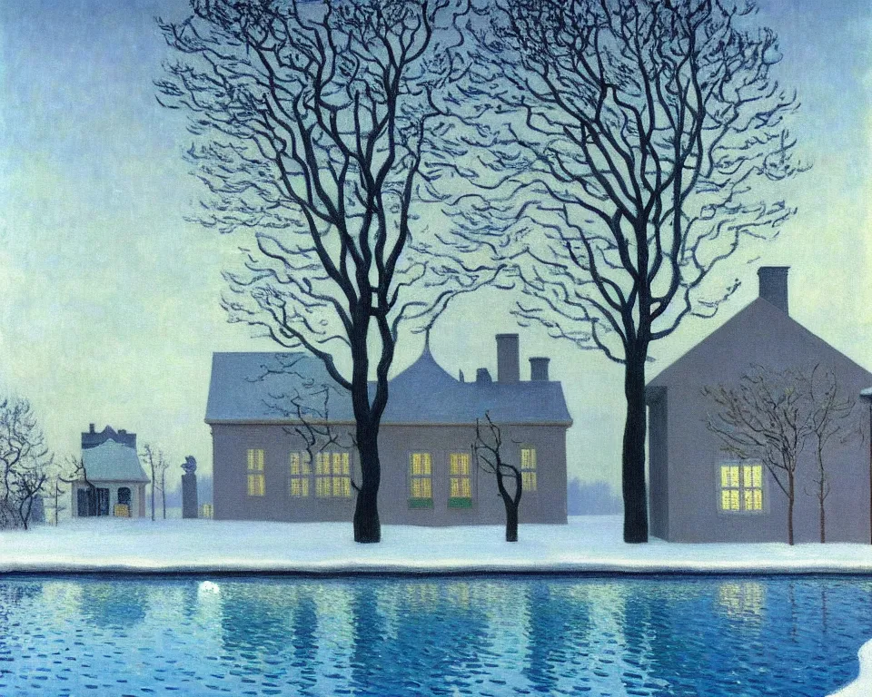Prompt: achingly beautiful painting of a sophisticated, well - decorated pool house in winter by rene magritte, monet, and turner.