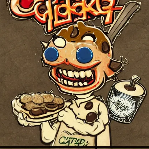 Image similar to evil anthropomorphic cookie cooking a bunch of cookies, in the kitchen, cuphead, painterly, logo, graffiti, elegant, highly detailed, digital art, art by jc leyendecker and sachin teng