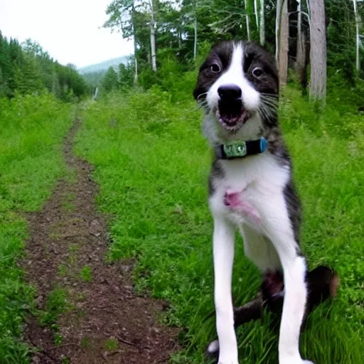 Prompt: trail cam footage of a anthropomorphic puppy smoking a cigar