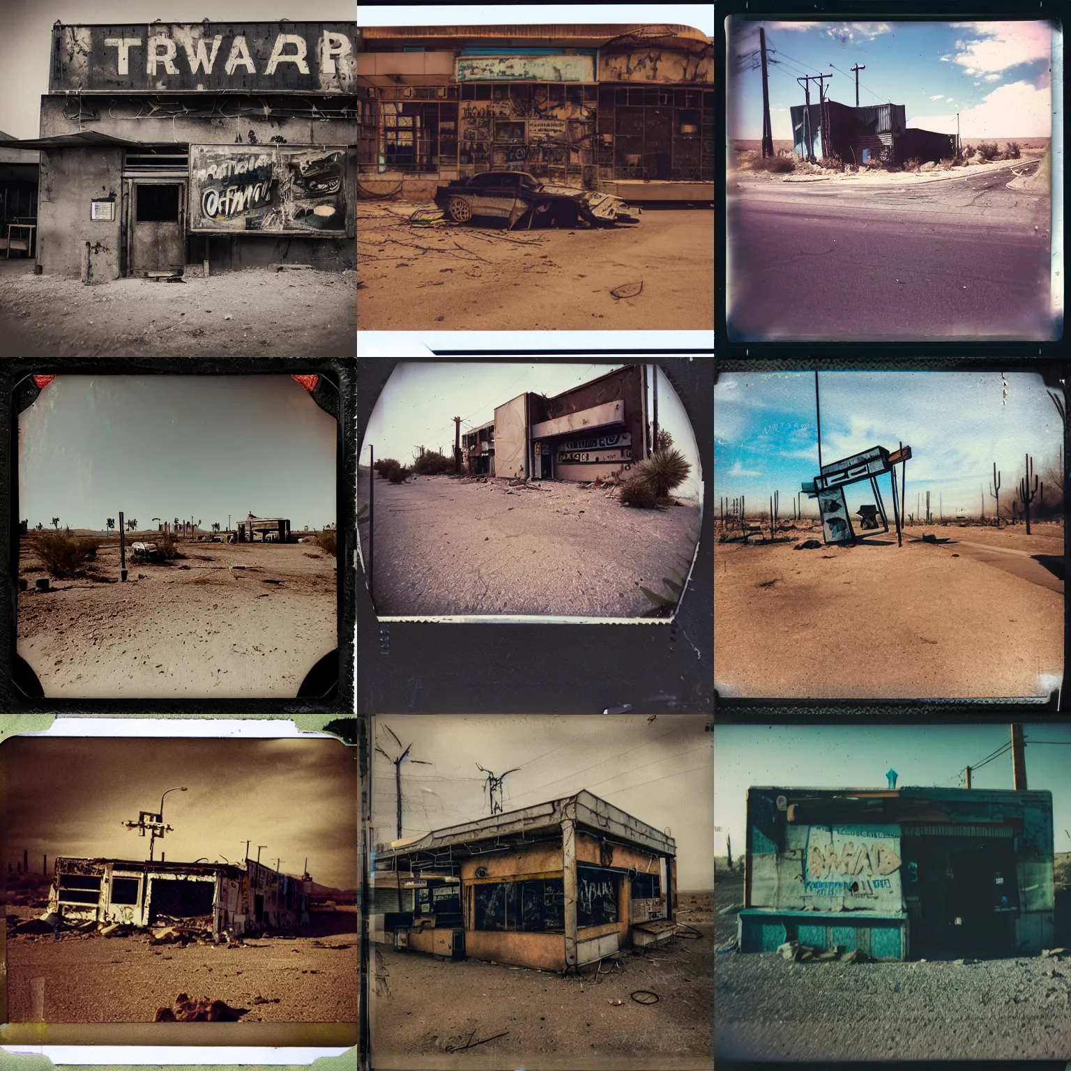 Prompt: polaroid photograph, travel photography, driving past an abandoned cyberpunk bar made of scrap metal and scrap wood in the desert of a gloomy alien world, motion blur