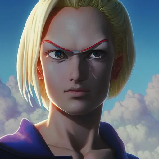 Image similar to highly detailed vfx portrait of android 1 8 by eiichiro oda!, stephen bliss, greg rutkowski, loish, rhads, beeple, makoto shinkai, tom bagshaw, alphonse mucha, sharp focus, art by artgerm and greg rutkowski, stanley kubrick, backlit, harsh overhead sunlight,