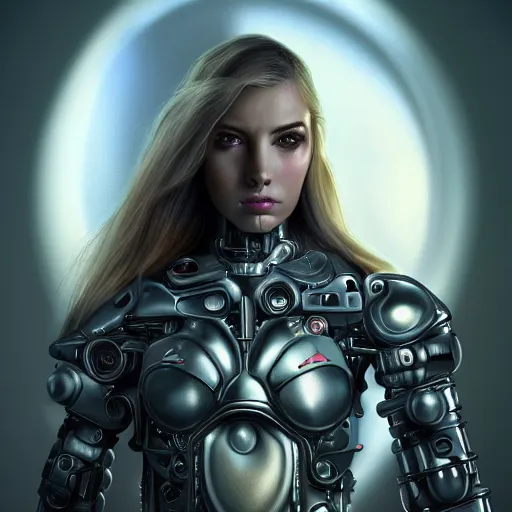 Image similar to masterpiece closeup portrait of a beautiful girl cyborg-armored in a surreal dream landscape, cinematic lighting, Michael Whelan, 8k