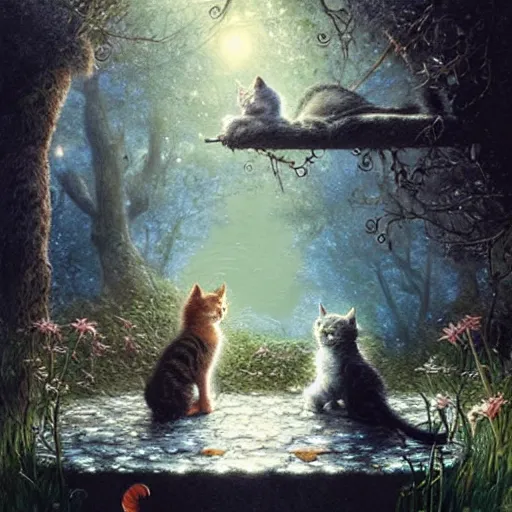 Prompt: two kittens in the enchanted forest watching the goldfish in the stream, fantasy, intricate, extremely detailed, matte, artstation, art by greg rutkowski, louis wain, alan lee