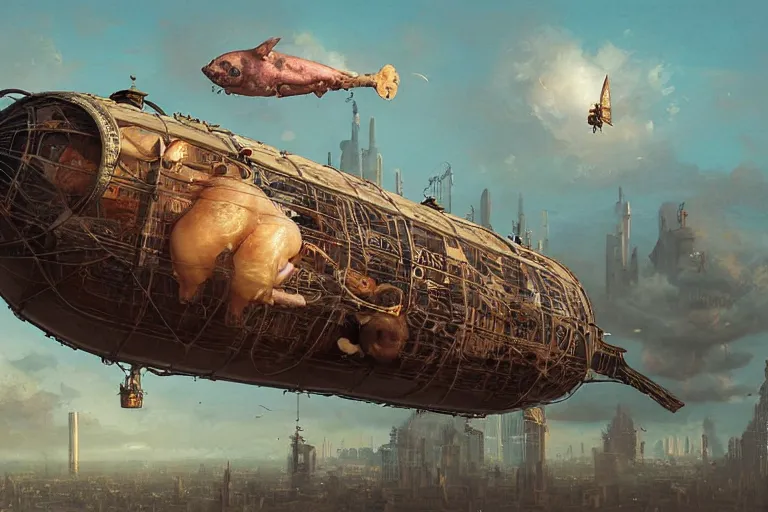 Image similar to a pig-blimp, pig head, steampunk, digital art, extremely detailed, flying over a city, greg rutkowski, cinematic