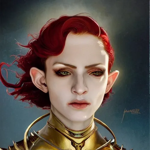 Image similar to a beautiful and androgynous half - elf with almond skin tone and messy short red hair and catlike features with yellow eyes with slit pupils, dressed in a jodhpuri suit, dnd character, golden aura, realistic portrait by ross tran and gerald brom and kehinde wiley and fernando amorsolo and alphonse mucha, trending on artstation