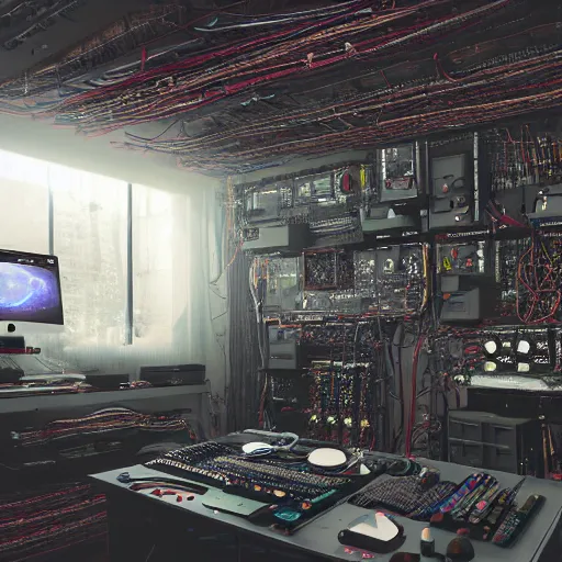 Image similar to a hackers cave with many computers and piles of modular synth cables, by cameron gray, wlop, stanley kubrick, masamune, hideki anno, unique perspective, trending on artstation, 3 d render, smooth render