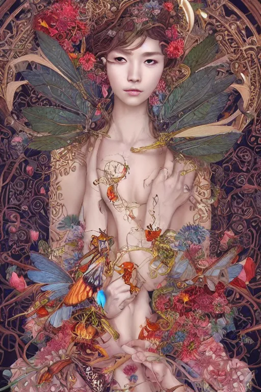 Image similar to breathtaking detailed concept art painting of the goddess of insects, orthodox saint, with anxious, piercing eyes, ornate background, amalgamation of leaves and flowers, by Hsiao-Ron Cheng, James jean, Miho Hirano, Hayao Miyazaki, extremely moody lighting, 8K