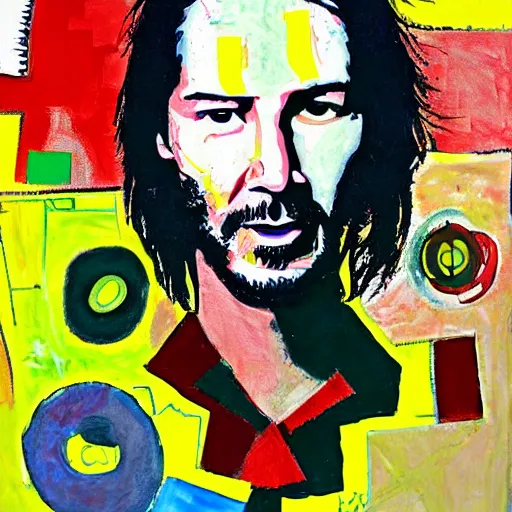 Prompt: portrait of keanu reeves in the style of roberto matta