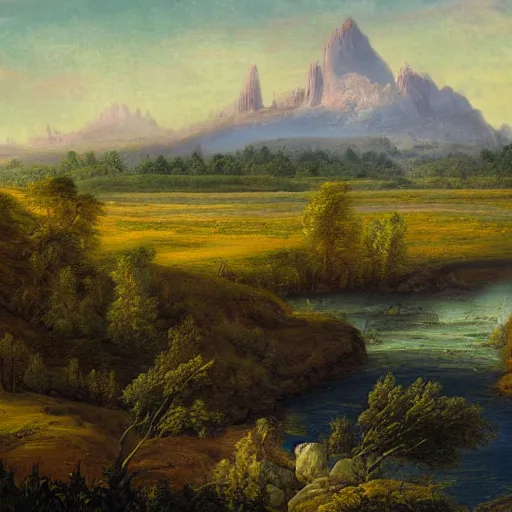 Image similar to a wide angle landscape of a prairie with a very large thin spire mountain in the distance and a wide river running in the middle of the frame with a city upon the river in the style of rococo digital painting
