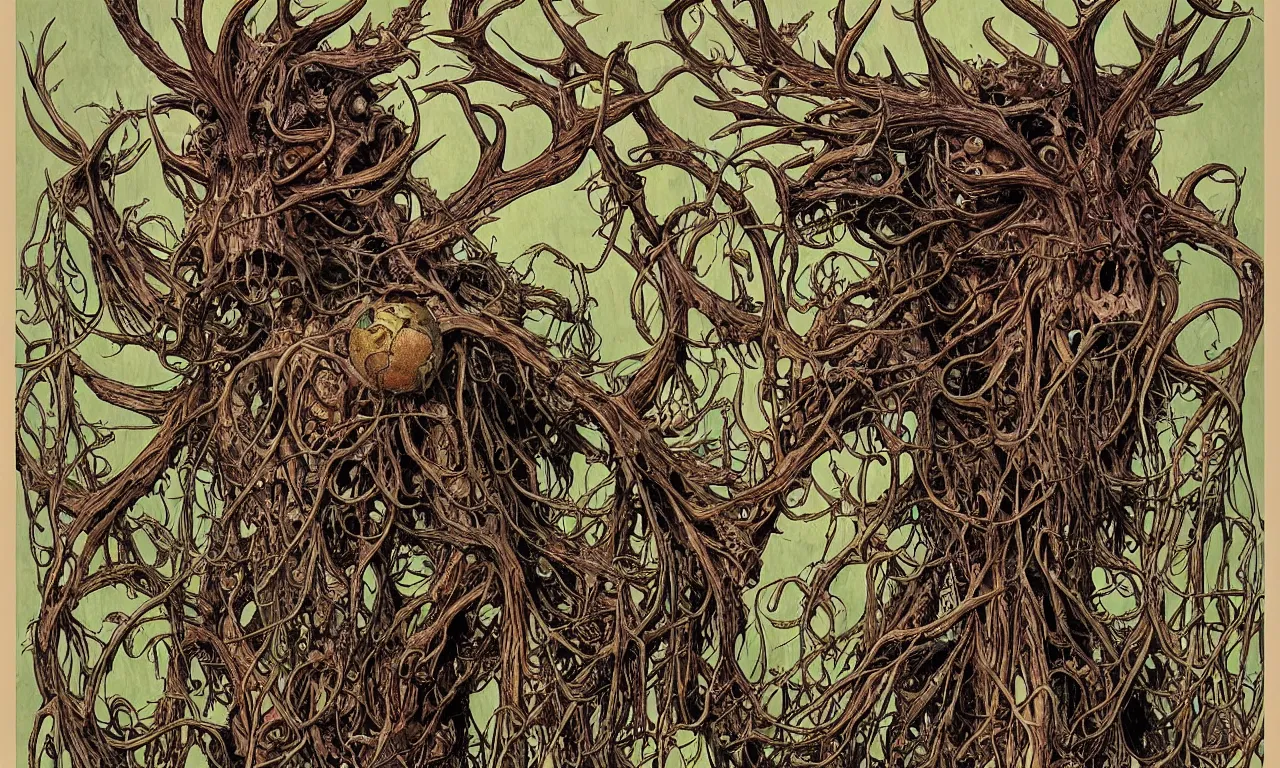 Image similar to hyperdetailed art nouveau portrait of treebeard as a cthulhu eyeball moose skull wendigo cryptid monster, by geof darrow, simon bisley and bill sienkiewicz, grim yet sparkling atmosphere, photorealism, claws, skeleton, antlers, fangs, forest, wild, bizarre, horror, lynn varley, lovern kindzierski, steve oliff