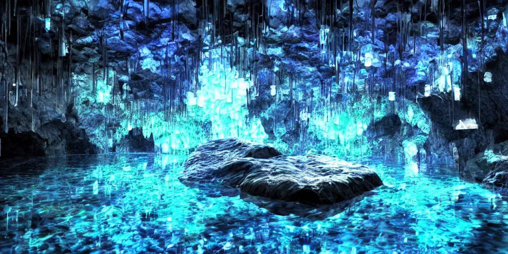 Image similar to mystical cavern underground, crystal, vivid, water, puddles, rocky, minerals, volumetric lighting
