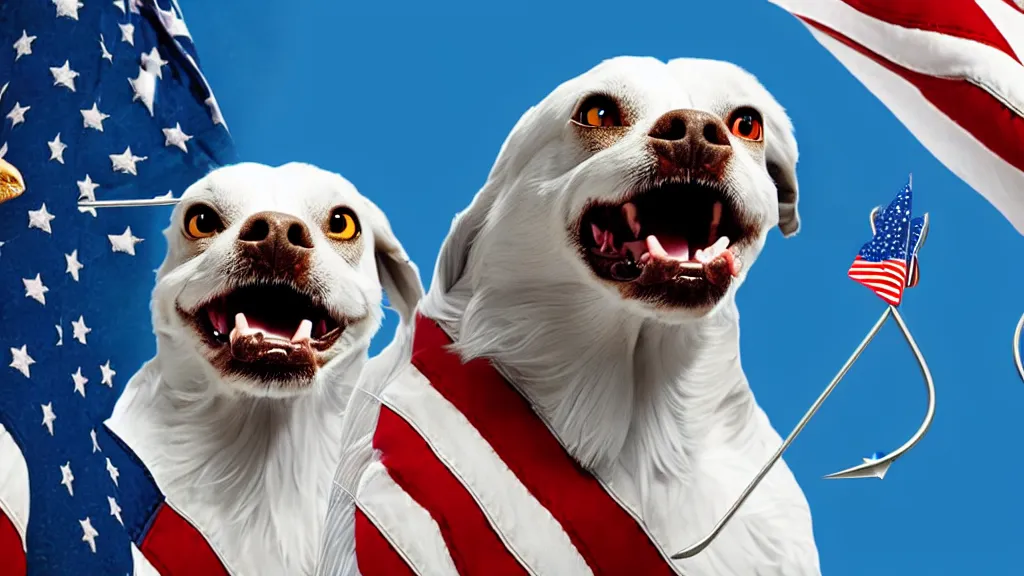 Image similar to a dog a bald eagle and a trident, patriotic, unreal engine