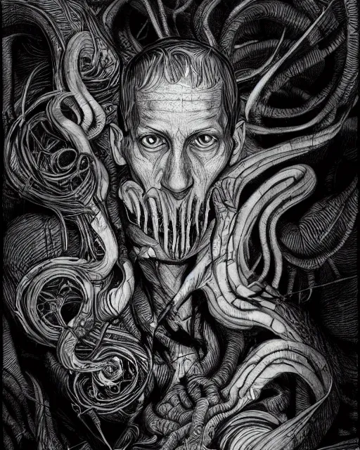 Image similar to h. p. lovecraft, pencil drawing, line art, black and white, fantasy art, monster art, illustration, fantasy, intricate, hyper detailed, artstation, concept art, smooth, sharp focus, ray tracing