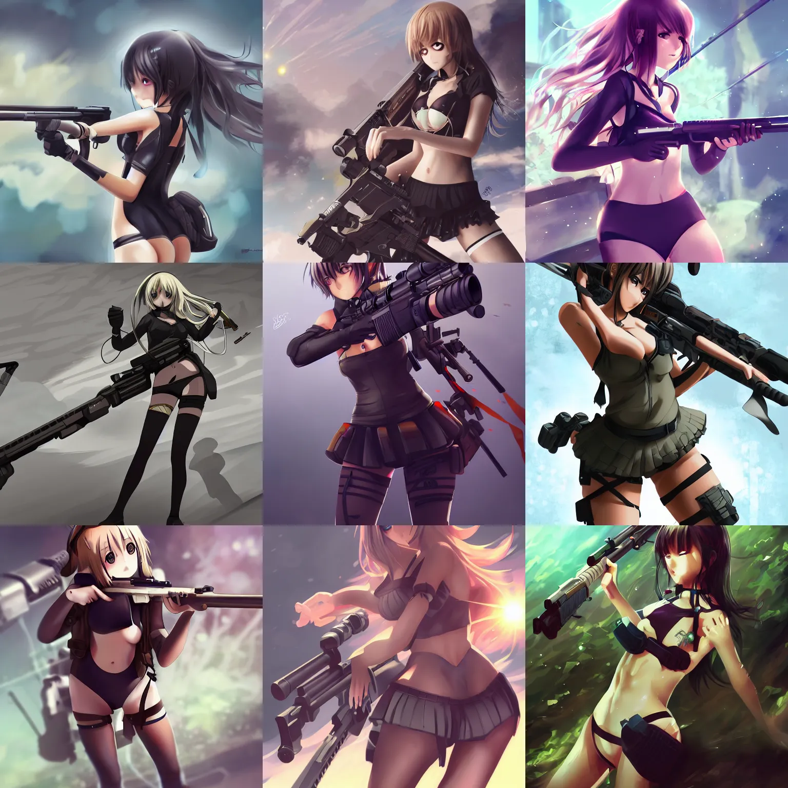 Prompt: anime, full body, cute, female, a cute girl wearing a swimsuit and holding a sniper rifle, gun fight, light and shadow effects, highly detailed, digital painting, art station, sharp focus, illustration, concept art, advanced digital anime art