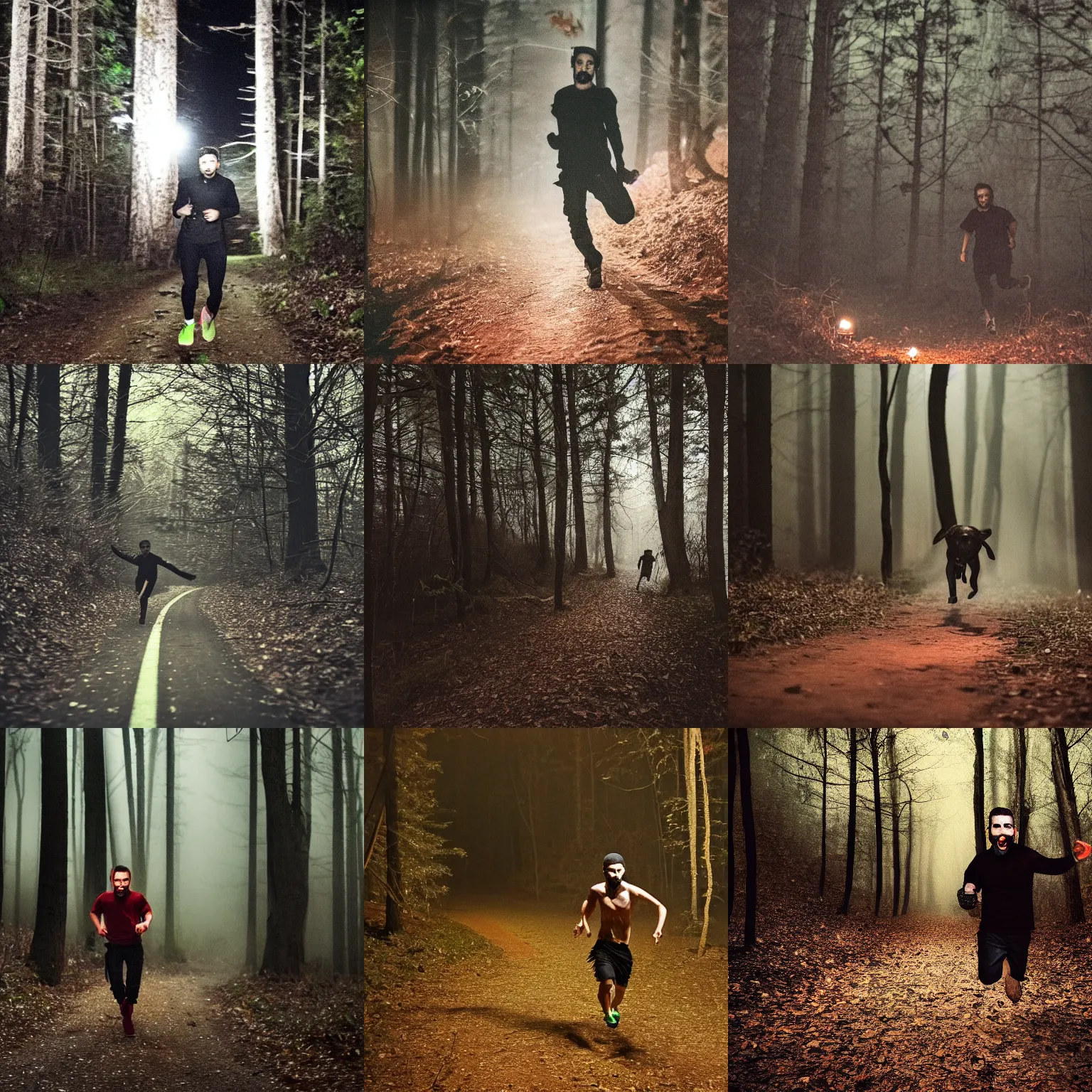 Prompt: Shia LaBoeuf in dark woods at night, running towards camera, blood dripping from mouth, flash photography phone