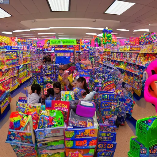 Image similar to a moshpit inside toys r us, wide lens shot, 3 0 mm, f 2. 8, photo realistic high quality hd 8 k flash photography