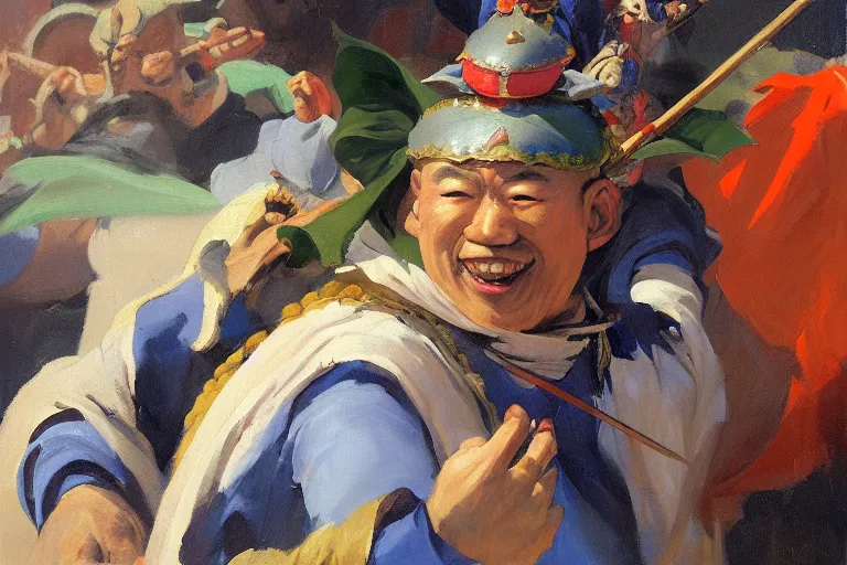 Image similar to greg manchess portrait of an asian man in a jester outfit cheering in the center of an arena, profile picture, organic painting, sunny day, matte painting, bold shapes, hard edges, street art, trending on artstation, by huang guangjian, gil elvgren, ruan jia, randy vargas, greg rutkowski