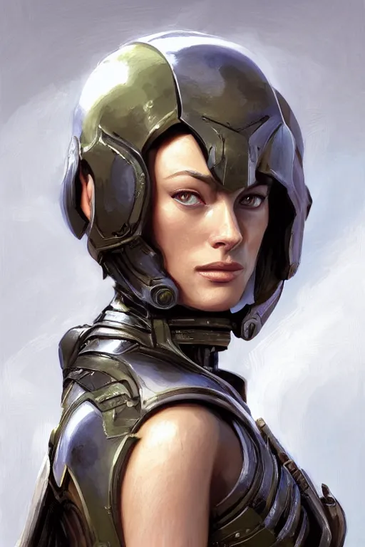 Image similar to a professional painting of a young Olivia Wilde, clothes in military armor, olive skin, long dark hair, beautiful bone structure, symmetrical facial features, intricate, elegant, digital painting, concept art, smooth, sharp focus, illustration, from StarCraft by Ruan Jia and Mandy Jurgens and Artgerm and William-Adolphe Bouguerea