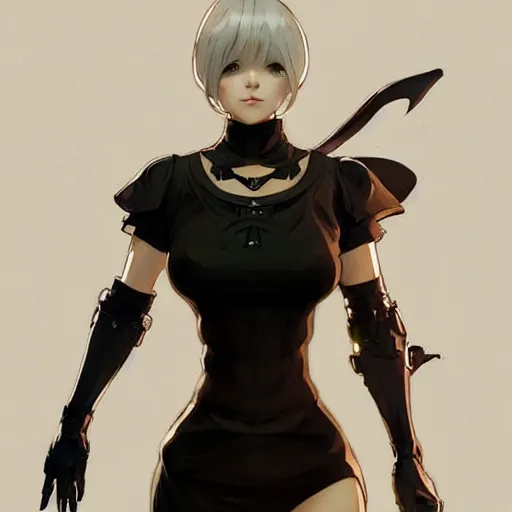 Image similar to a digital concept art by artgerm and greg rutkowski and alphonse mucha. clear portrait of 2 b nier automata in a skintight clothes!! hyper detailed, character concept, full body!! dynamic pose, glowing lights!! intricate, elegant, highly detailed, digital painting, artstation, concept art, smooth, sharp focus, illustration