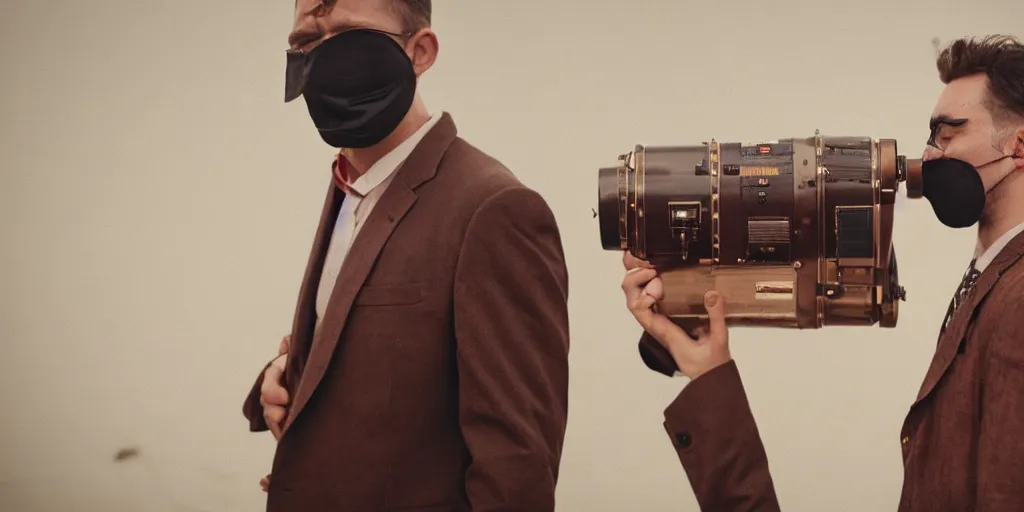 Image similar to a man wearing a brown suit and a mask that is connected to a homemade time machine, cinematic, 8 5 mm lens, shot on arri alexa, atmospheric