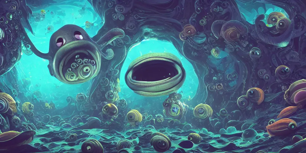 Prompt: of an intricate deep sea with strange cute friendly happy creatures with huge eyes, long tongue, round teeth and goofy funny face, appearing from the background, in the style of gehry and gaudi, macro lens, shallow depth of field, ultra detailed, digital painting, trending artstation, concept art, illustration, cinematic lighting, photorealism, epic, octane render