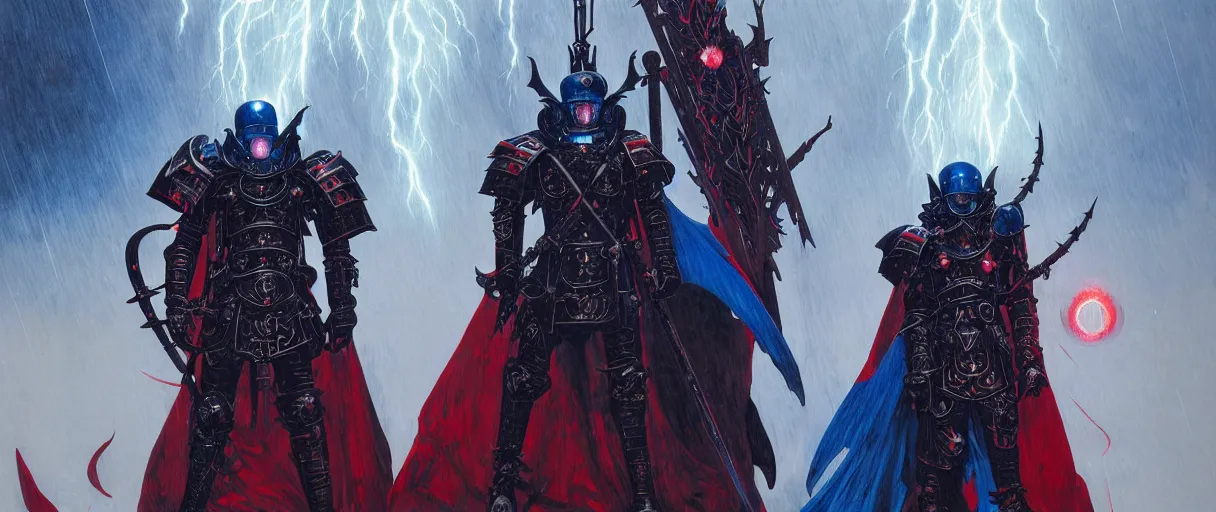 Prompt: composition of gothic and futuristic young mainem, warhammer, cyber japan armor, more and more scars, thunderstorm, blue head, red, the middle ages, highly detailed, artstation, in the style of moebius, jugendstil and classic japanese print, art by greg rutkowski and rene magritte