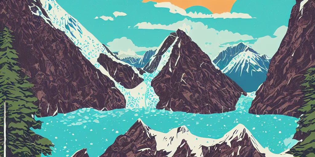 Image similar to beautiful idyllic poster illustration for a craggy ice glacier valley national park by ludwig hohlwein, ludwig hohlwein, graphic, behance, clean bold design