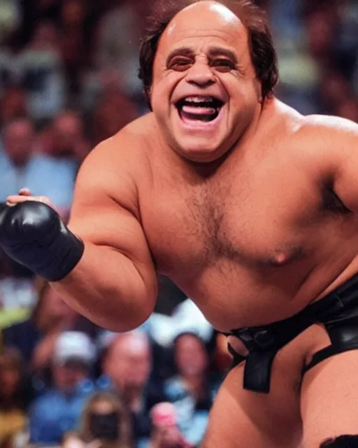 Image similar to danny devito as a wwe wrestler. photographic, photography