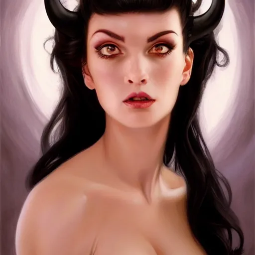 Image similar to An Attractive woman with Black hair wearing a white dress with curved demon horns lustfully looking into the camera, detailed, centered, digital painting, artstation, concept art, donato giancola, Joseph Christian Leyendecker, WLOP, Boris Vallejo, Breathtaking, 8k resolution, extremely detailed, beautiful, establishing shot, artistic, hyperrealistic, beautiful face, octane render, cinematic lighting, dramatic lighting, masterpiece