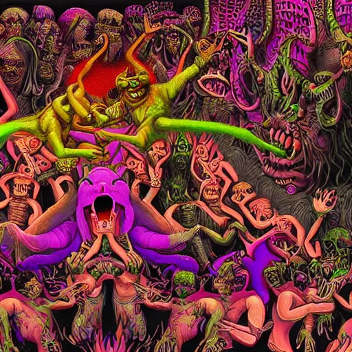 Prompt: digital painting of demons in rave party in hell by Chor Boogie, intricate details, ultra detailed, 4K, award-winning, touch of M. C. Escher