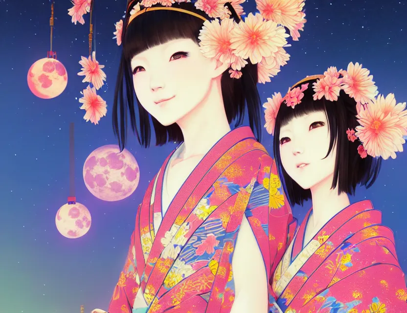 Image similar to two beautiful charming japan girls wear arty kimono in festival | | sunny night, full moon, dreamlike art, realistic shaded, smile, good looking, hyper details, 4 k realistic, cryengine, realistic shaded lighting poster by ilya kuvshinov, fuji choko, ross tran, 8 k resolution, trending on artstation, luxury