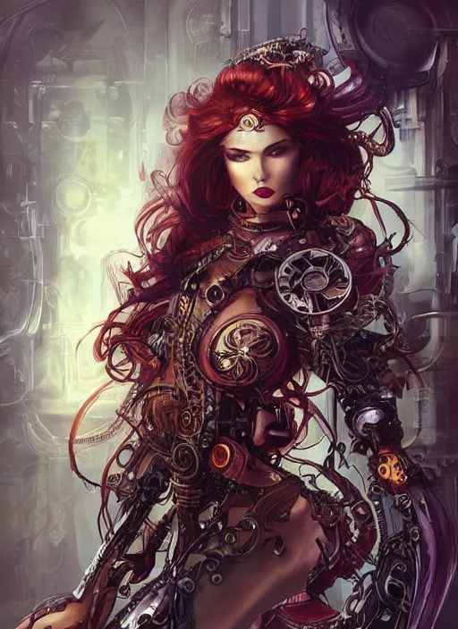 Prompt: front portrait sensual Lady Mechanika with ginger wavy hair, Intricate, steampunk imagery themed, D&D!, fantasy style, sharp focus!, ultra detailed, art by Artgerm and Peter Andrew Jones, WLUP