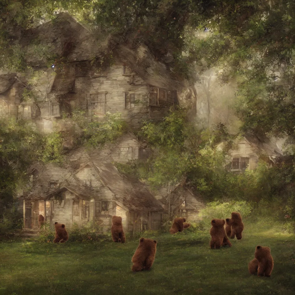 Image similar to cottage with three humanoid bear cubs in front, aesthetic, oil painting, pale colors, high detail, 8 k, wide angle, trending on artstation,