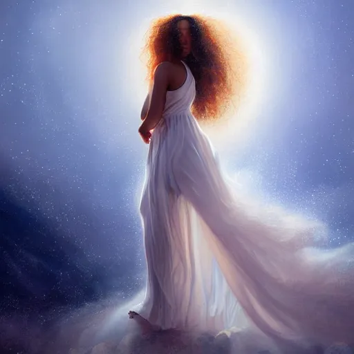 Prompt: a painting of rihanna like an angel, a young woman with long hair and a halo wearing a white top and beautiful dress, smiling in heaven, by jessica rossier