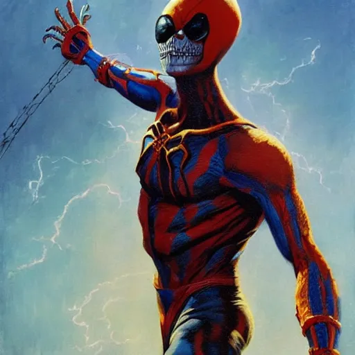 Image similar to ultra realistic portrait painting of skeletor as spiderman, art by frank frazetta, 4 k, ultra realistic, highly detailed, epic lighting