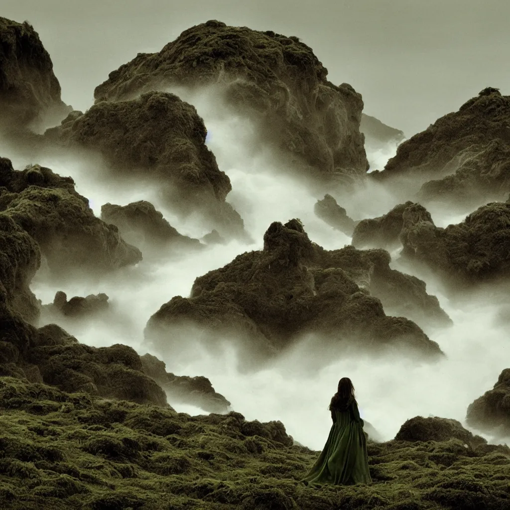 Image similar to dark and moody 1 9 7 0's artistic spaghetti western film in color, a woman in a giant billowing wide long flowing waving green dress, standing inside a green mossy irish rocky scenic landscape, crashing waves and sea foam, volumetric lighting, backlit, moody, atmospheric, fog, extremely windy, soft focus