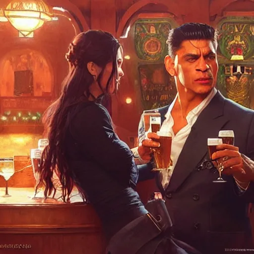 Image similar to vinnie jones flirting with shah rukh khann in a pub, real life skin, intricate, elegant, highly detailed, artstation, concept art, smooth, sharp focus, art by artgerm and greg rutkowski and alphonse mucha